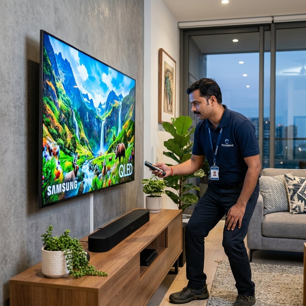 Indian TV technician inspecting wall mounted smart LED TV in RK Puram Delhi