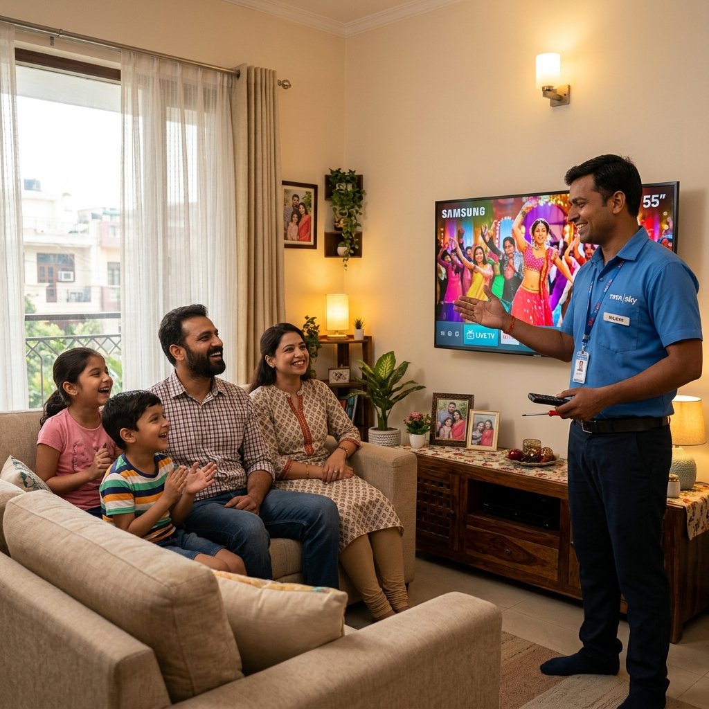Happy family watching their newly repaired Android Smart TV in Delhi
