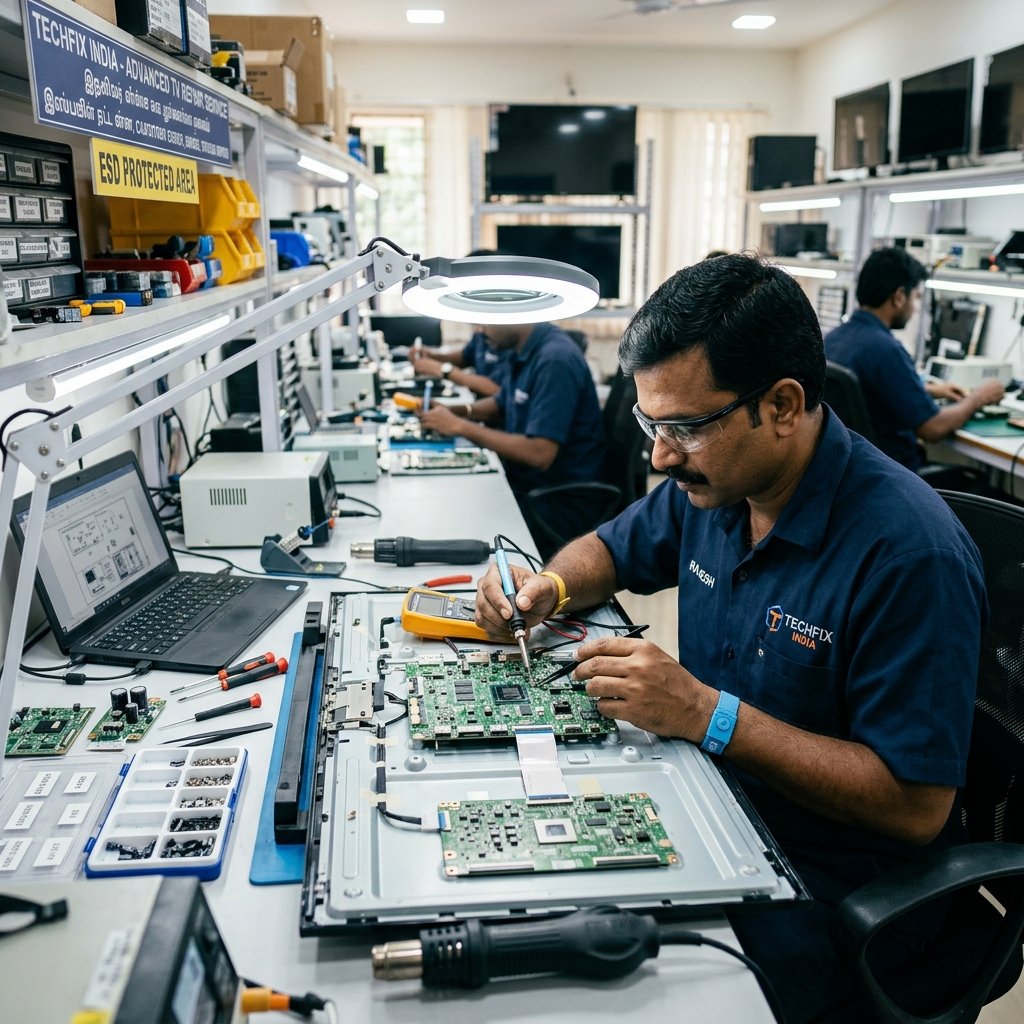 Indian TV technician performing panel backlight repair on high-definition smart TV